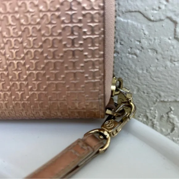 Tory Burch Marion Embosed Leather Zip Around Wallet Wristlet Rose Gold - Picture 1 of 8